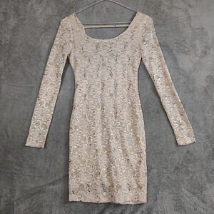Womens M Long Sleeve Sequin Mini Cocktail Dress‎ Champagne Club Wear Floral Lace